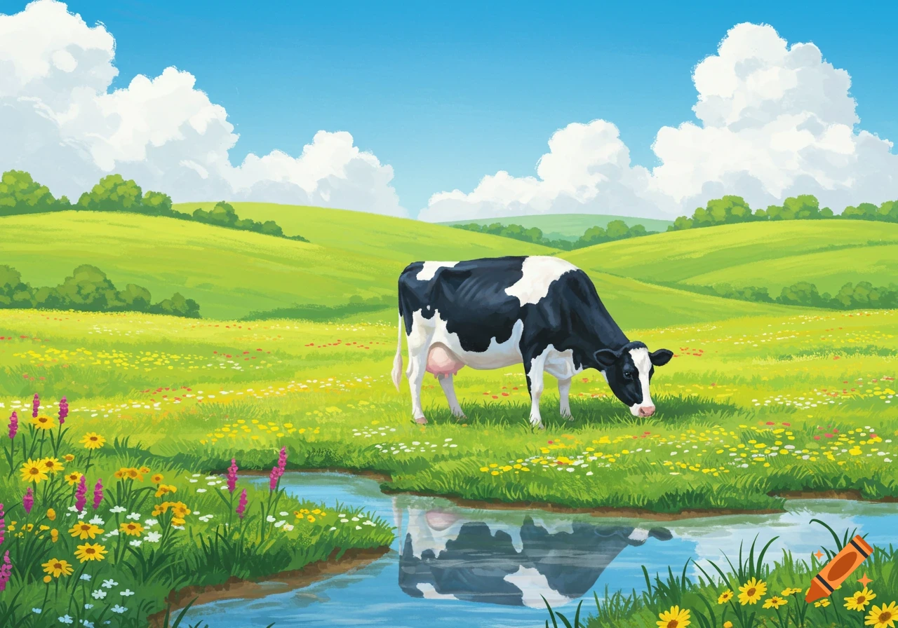 A black and white cow grazes in a vibrant green meadow with colorful ...