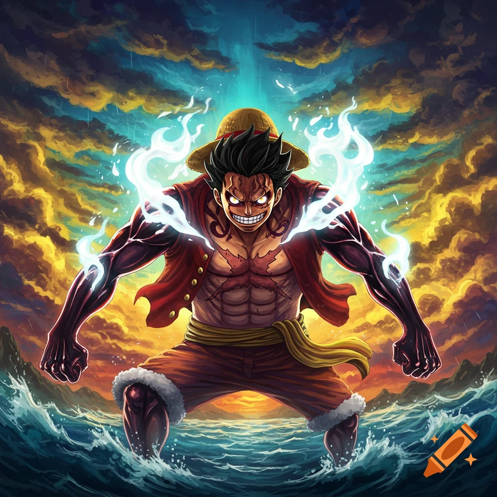 Dynamic anime illustration of One Piece character Luffy in Gear 5, glowing with power amidst stormy clouds and rough seas.