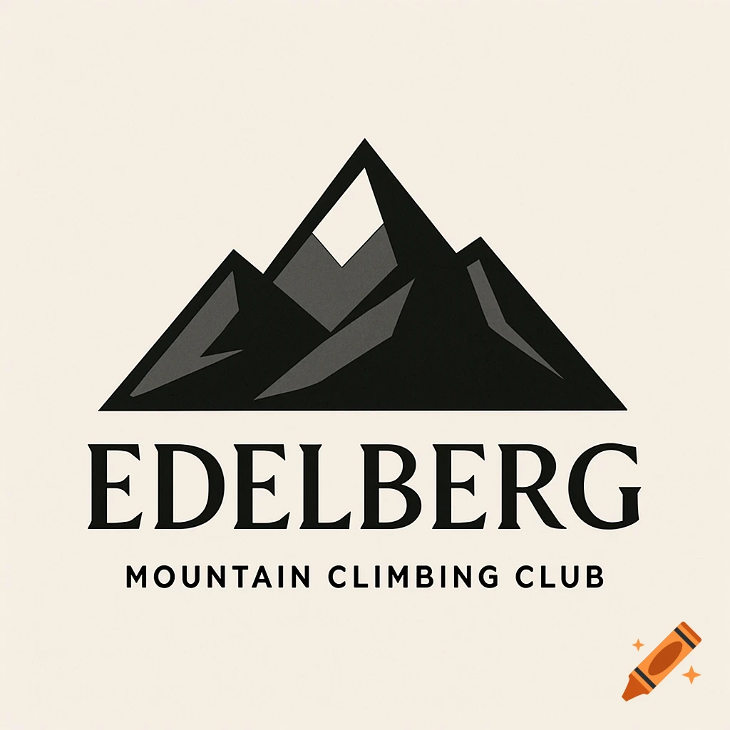 Minimalist black and grey mountain logo with 'EDELBERG MOUNTAIN CLIMBING CLUB' text on a light background.