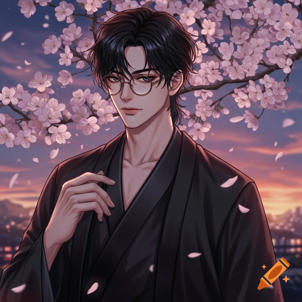 Anime man with black hair and glasses in a kimono under cherry blossoms at sunset.