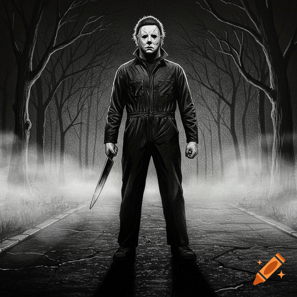 Black and white drawing of Michael Myers standing on a cracked road in a foggy forest, holding a large knife.
