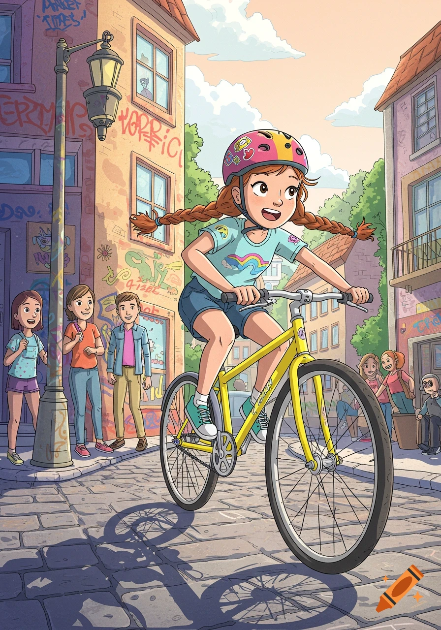 A happy cartoon girl with pigtails and a helmet rides a yellow bicycle down a cobblestone street in a colorful town with graffiti-covered buildings.