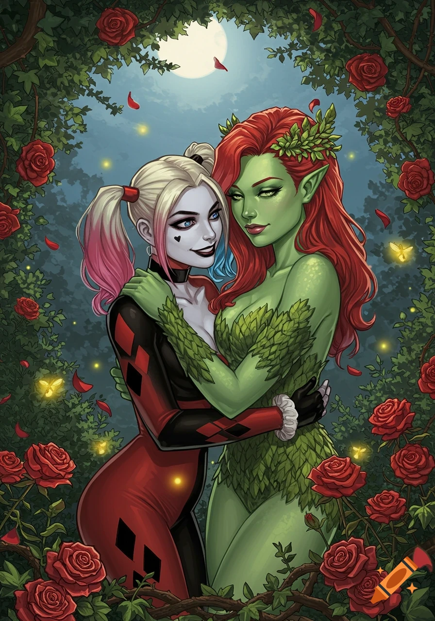 Harley Quinn and Poison Ivy embrace surrounded by red roses, vines, and fireflies under a full moon in a comic book style.