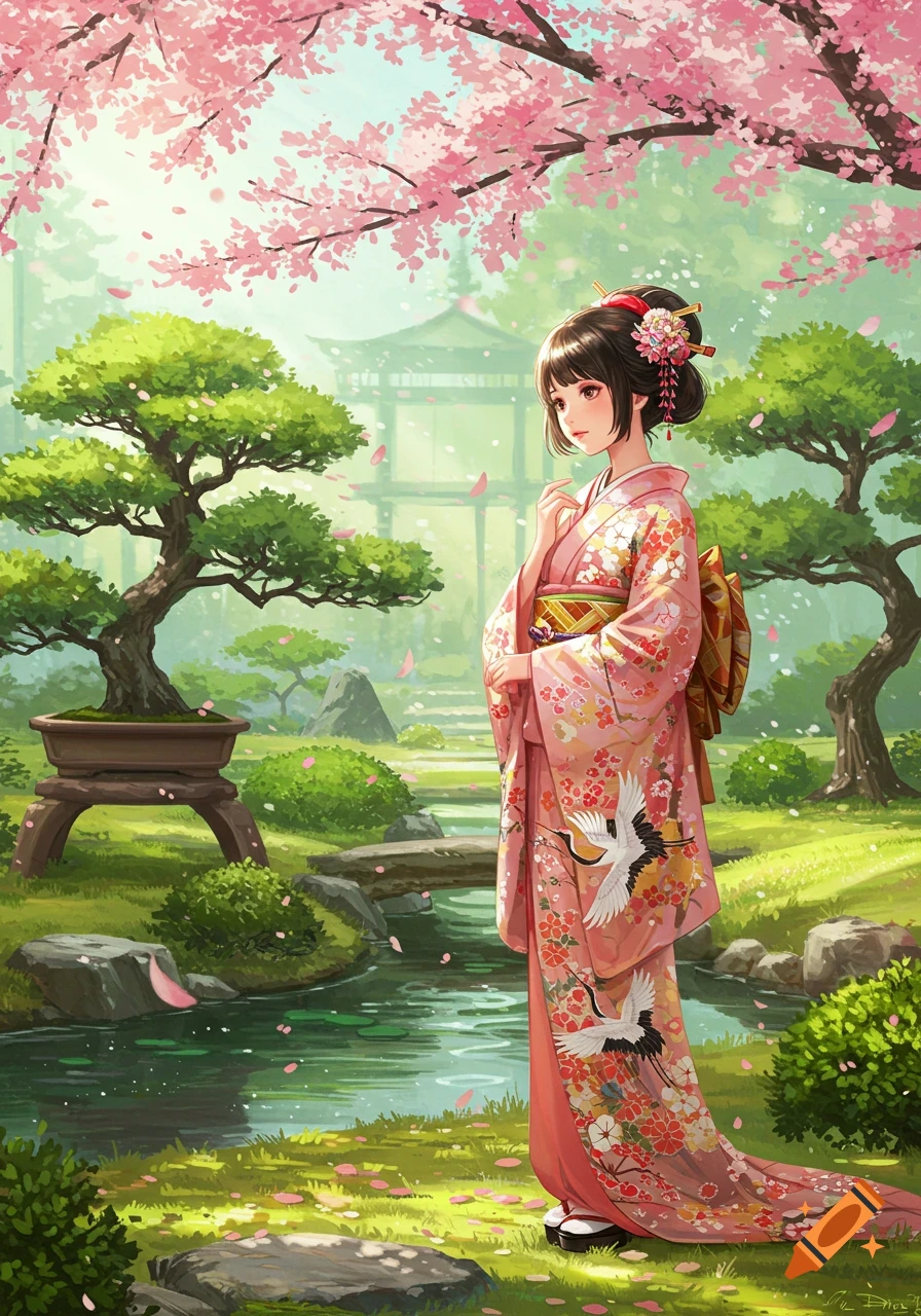 Anime girl in a pink kimono with crane patterns, standing in a sunny Japanese garden with cherry blossoms and a pond.
