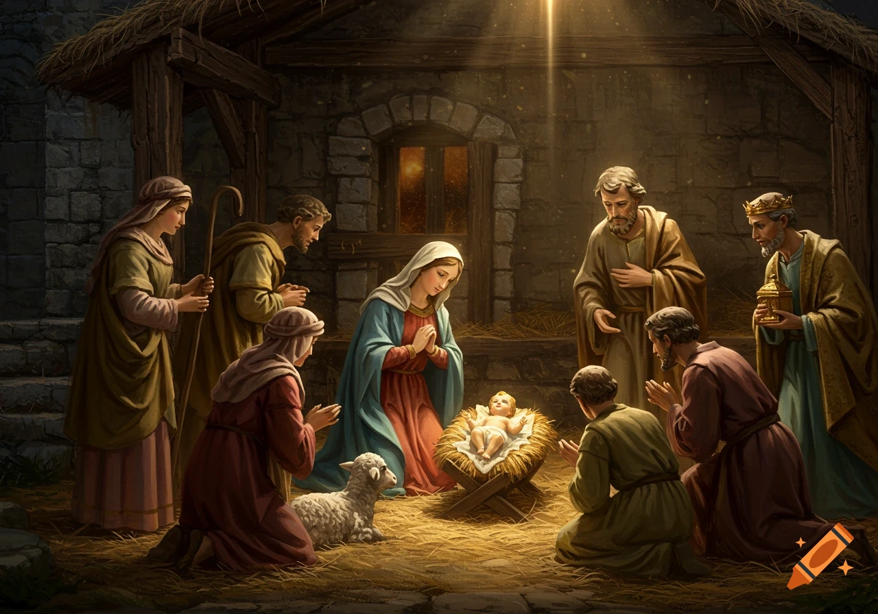 A painting of the Nativity scene, with Mary, Joseph, shepherds, and wise men kneeling around baby Jesus in a manger within a stable.