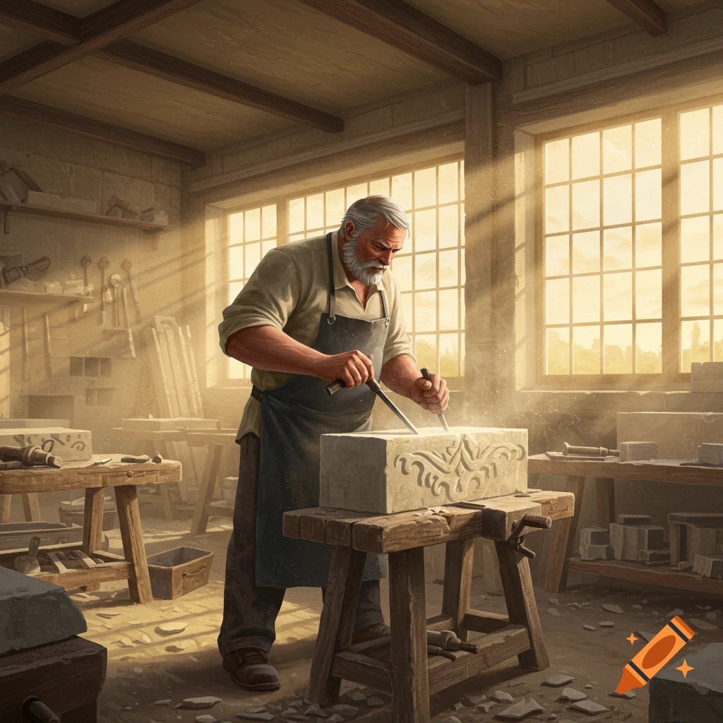 A skilled, bearded mason carves an intricate design into a stone block in a sunlit, dusty workshop.