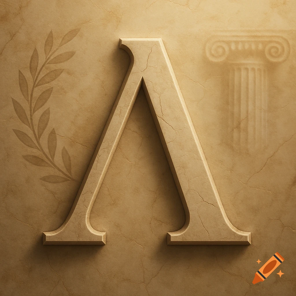A three-dimensional Greek letter Lambda carved in textured, tan stone with a laurel wreath and column shadow.