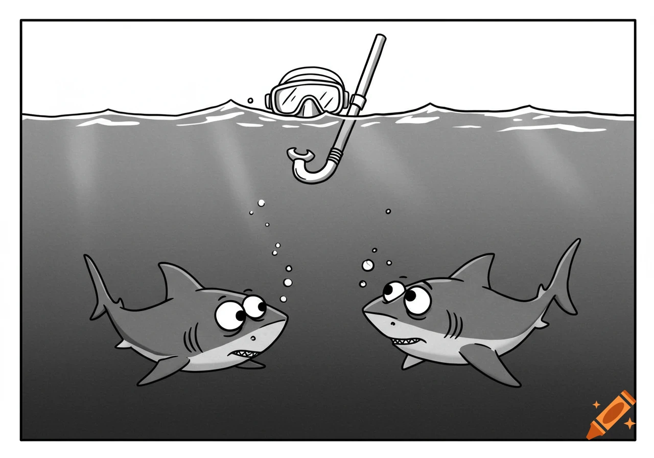 Two puzzled cartoon sharks underwater stare up at a snorkel and goggles floating on the surface in a black and white illustration.