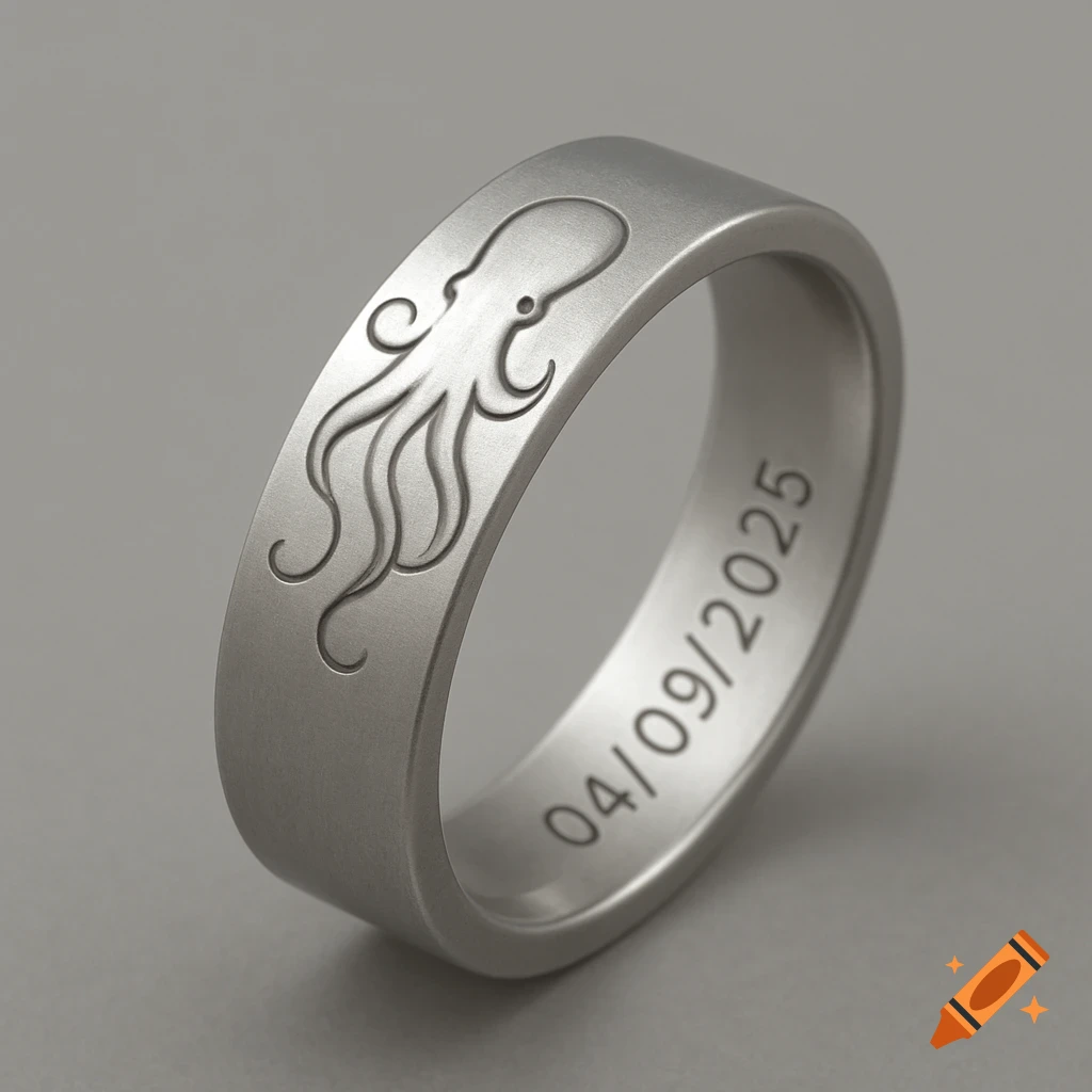 A matte silver ring with an engraved octopus on the outside and the date 04/09/2025 on the inside.
