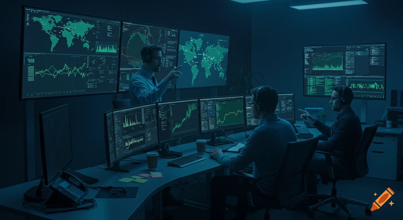 Three analysts work at computers in a dim, modern security operations center, monitoring data on large screens with maps and graphs.
