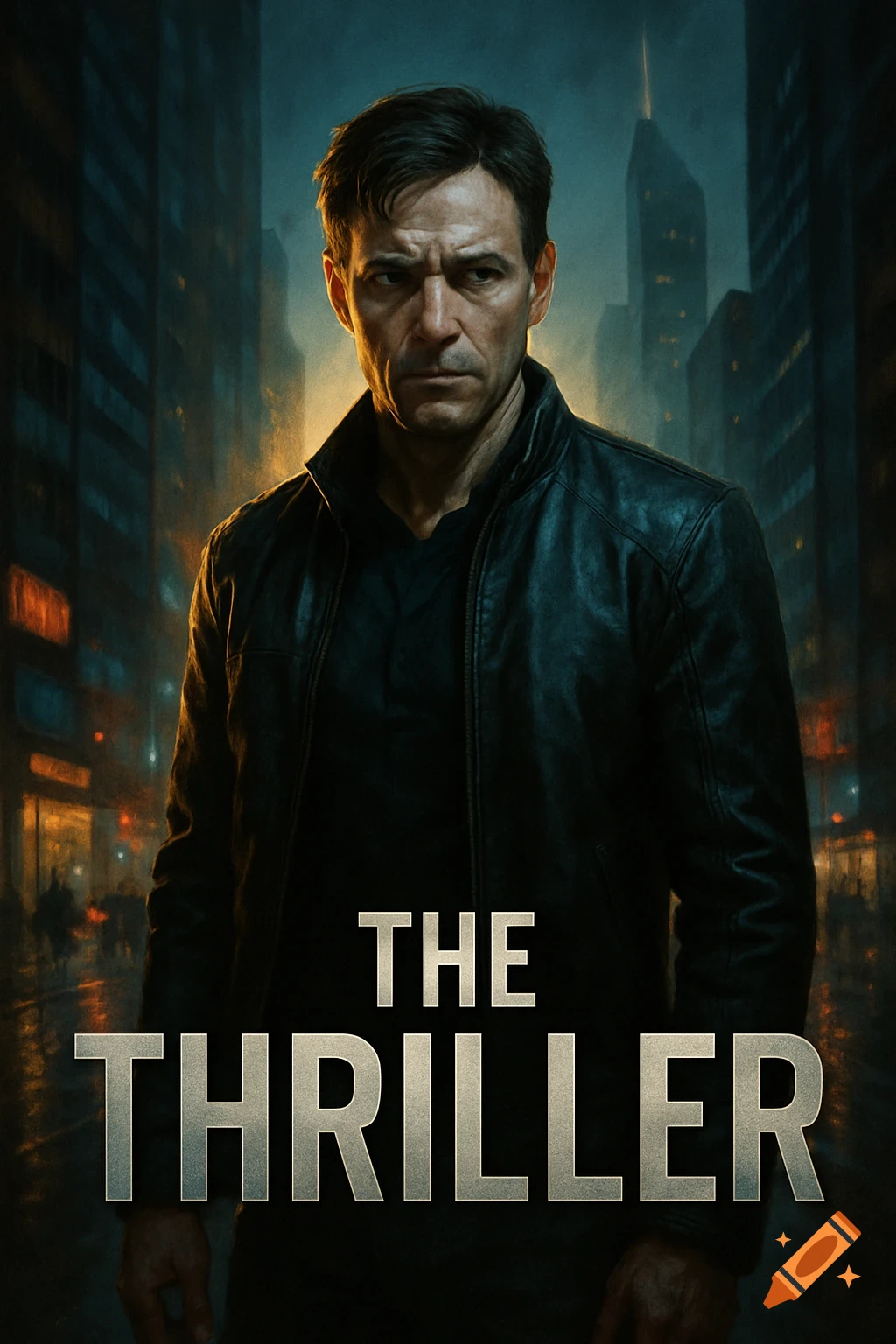 A serious man in a leather jacket stands against a dark city street, with 'THE THRILLER' text, in a realistic film poster.