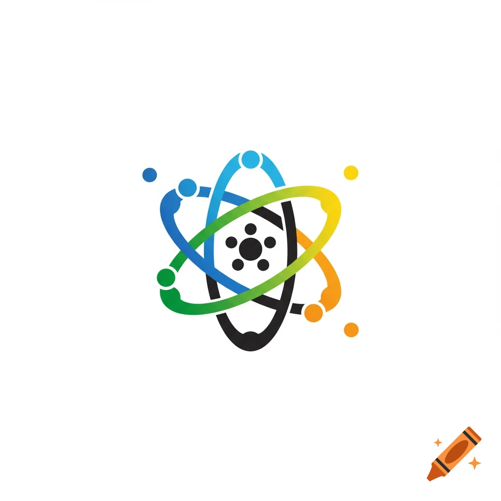 A simple vector logo of an atom with blue, green, yellow, and black orbits and electrons on a white background.