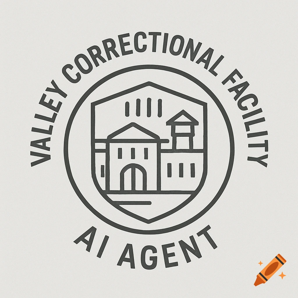A black and white minimalist logo for "Valley Correctional Facility AI Agent" featuring a stylized building in a shield.