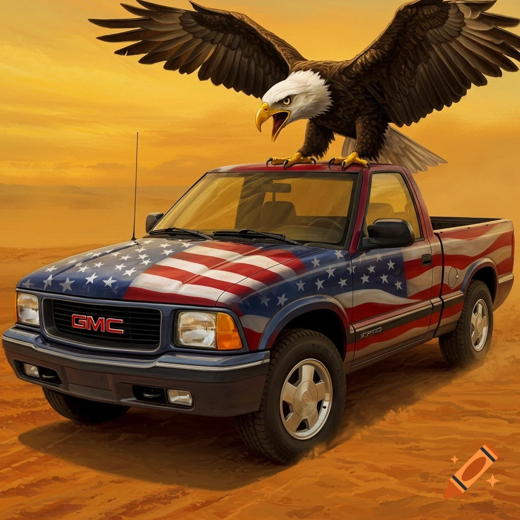 A screaming bald eagle stands on the hood of a GMC Sonoma pickup truck, which is painted with an American flag, in a desert setting.