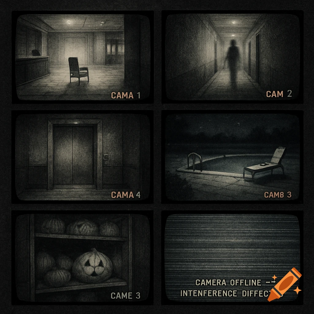 Six grainy, dark CCTV monitor screens. Scenes include an empty lobby, a blurred figure in a hallway, an elevator, a pool area, shelves of pumpkins, and a static screen with text displaying "CAMERA OFFLINE INTENFERENCE DIFFECTED".