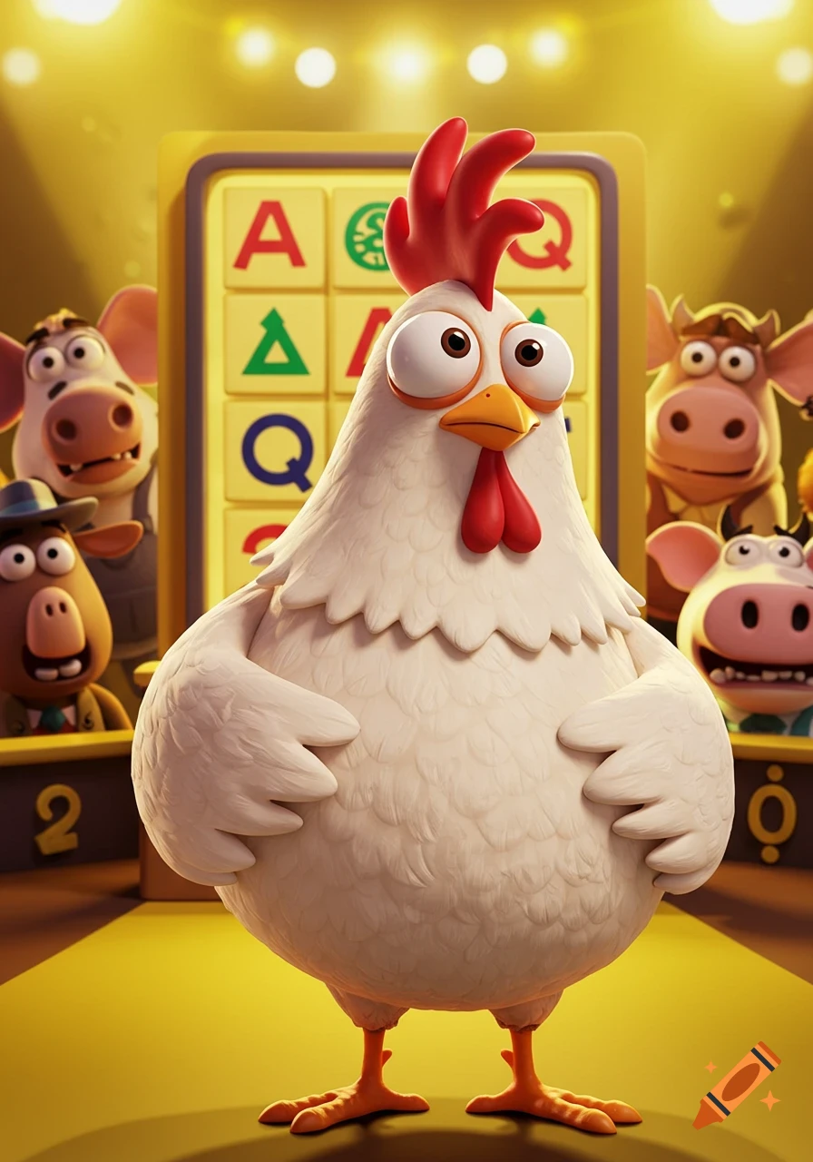 A worried cartoon chicken stands in front of a game board with letters, flanked by other surprised cartoon farm animals in a game show setting.