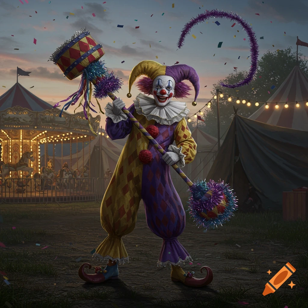 A colorful clown with a painted face and a jester hat holds a large, decorated hammer at a twilight carnival with rides and tents.