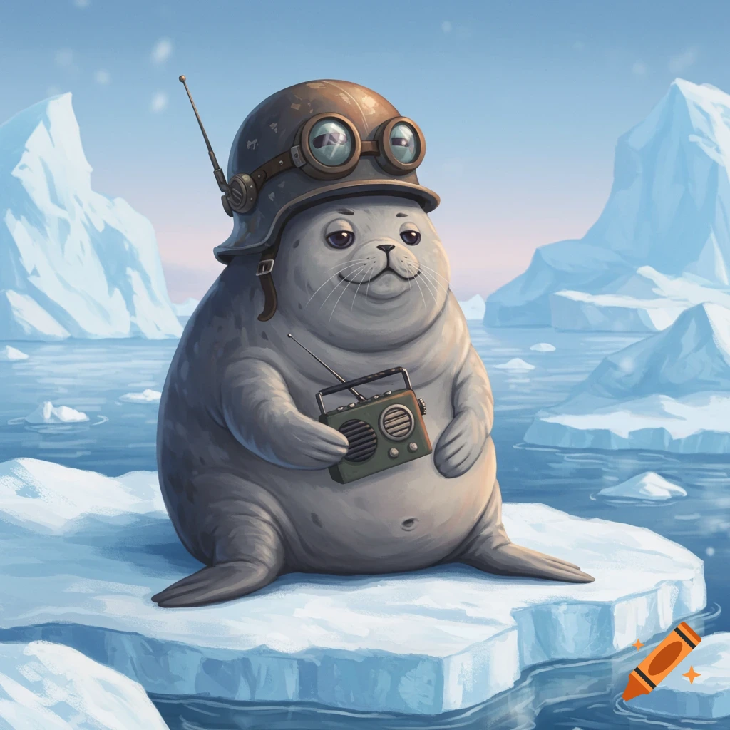 A cute cartoon seal with crossed eyes, wearing a pilot's helmet and goggles, holds a radio while sitting on an ice floe in the arctic.
