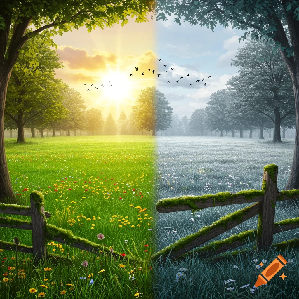 A split landscape shows a vibrant summer field with green grass and wildflowers on the left, and a frosty winter field with bare trees on the right, divided by a wooden fence.
