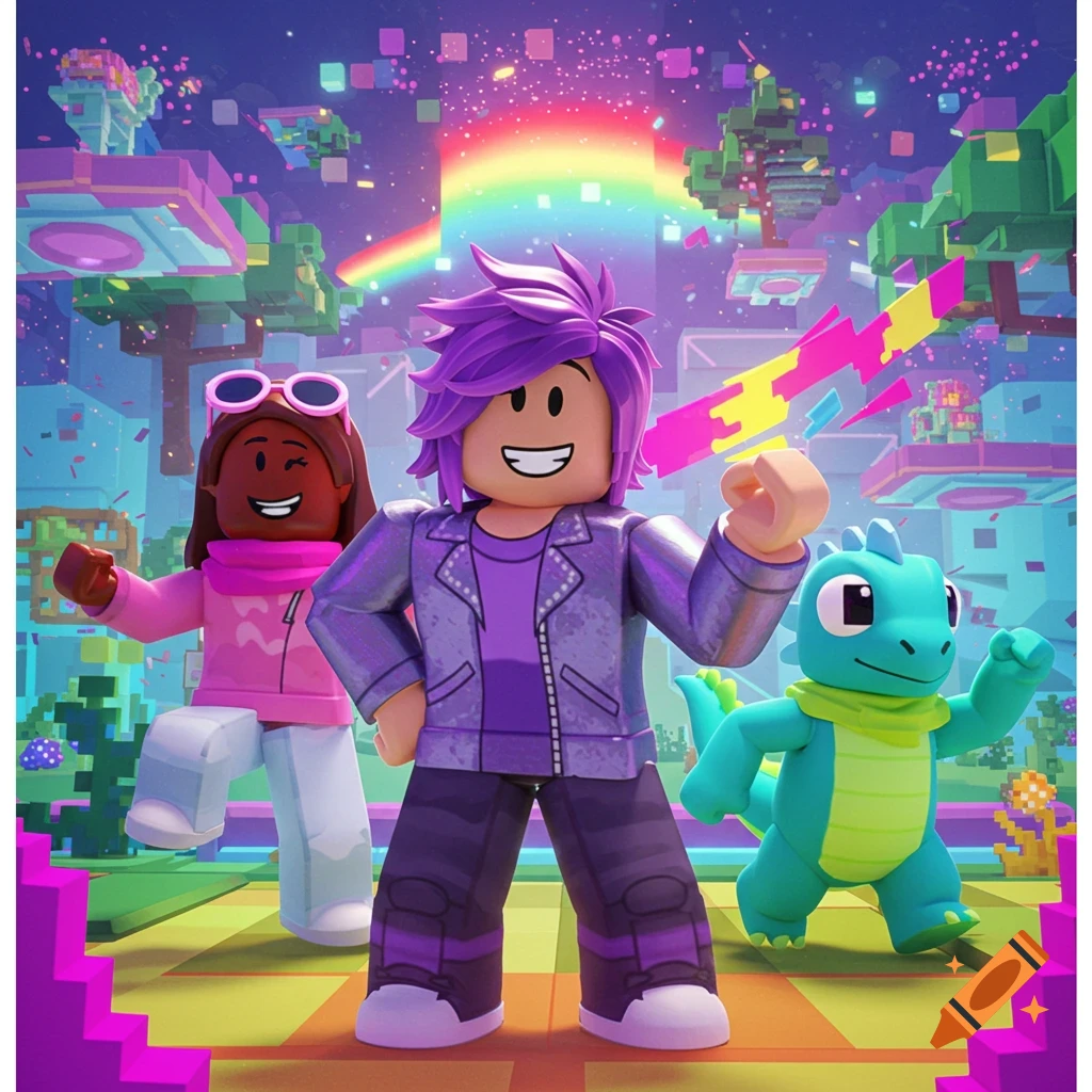 Two Roblox characters and a green lizard creature stand in a colorful ...