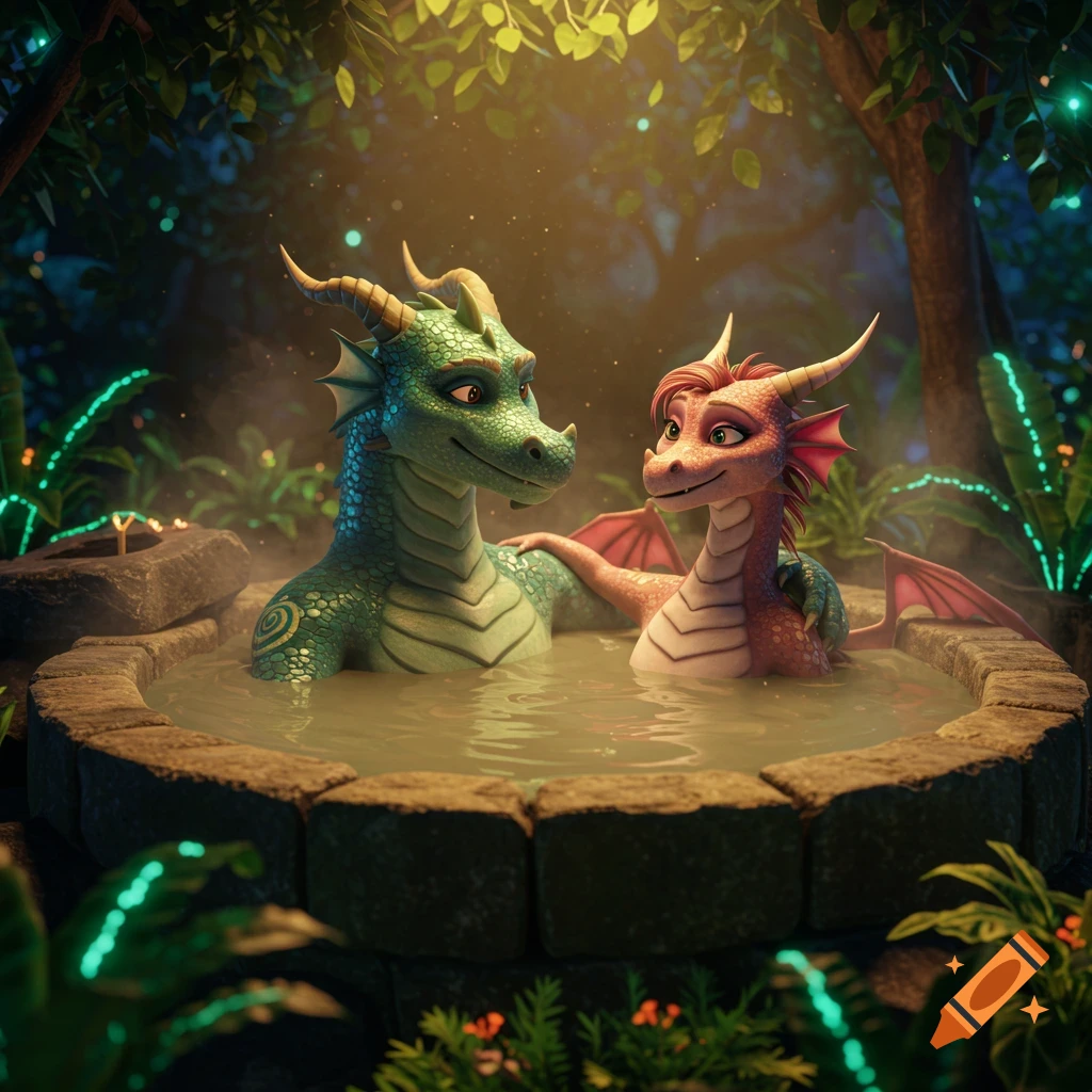 Two animated green and reddish-brown dragons relax in a stone-rimmed mud hot tub amidst a lush, magical jungle.
