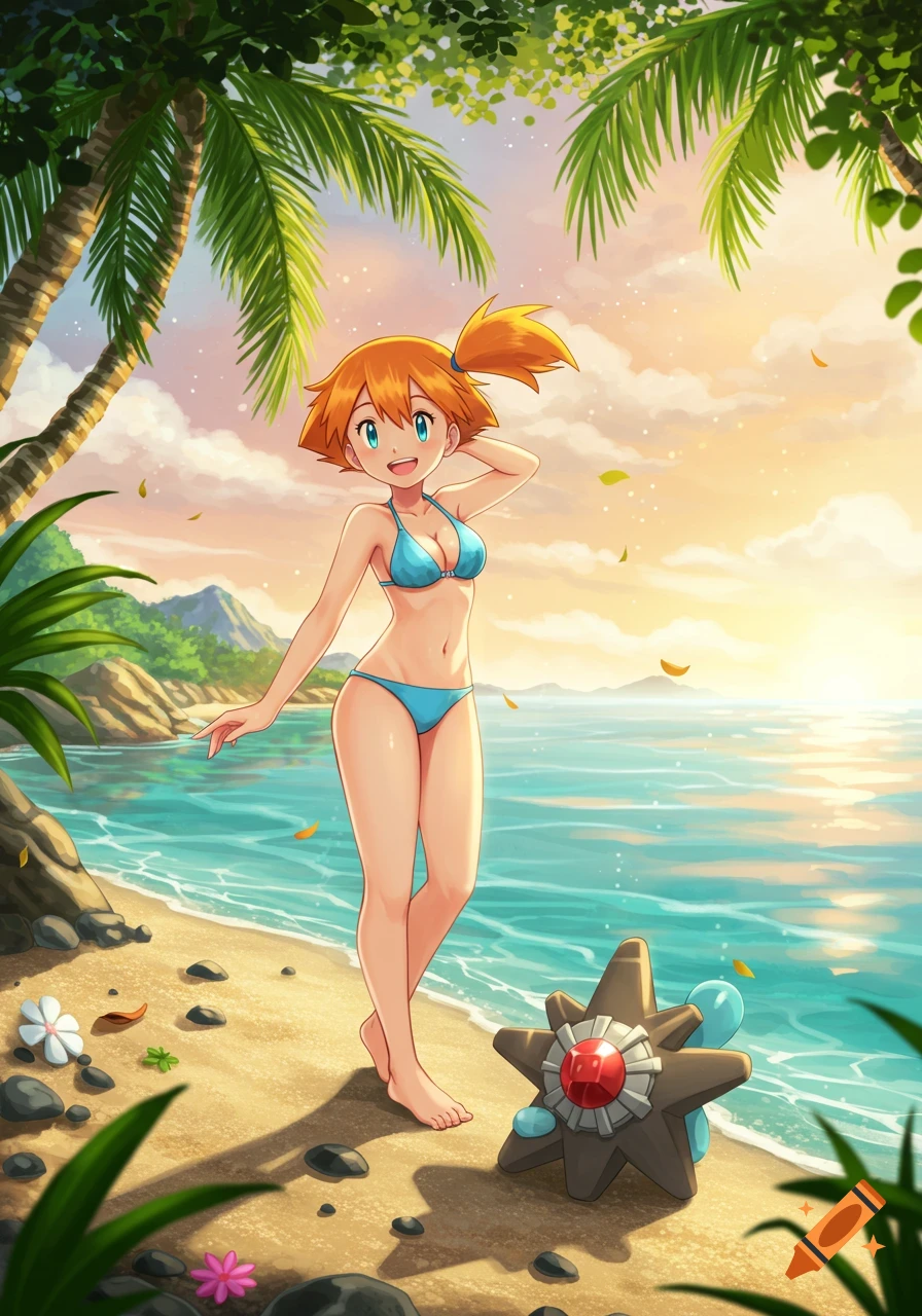 Misty from Pokemon in a blue bikini stands barefoot on a sunny beach next  to a Starmie, with palm trees, ocean, and sunset. Anime style. on Craiyon
