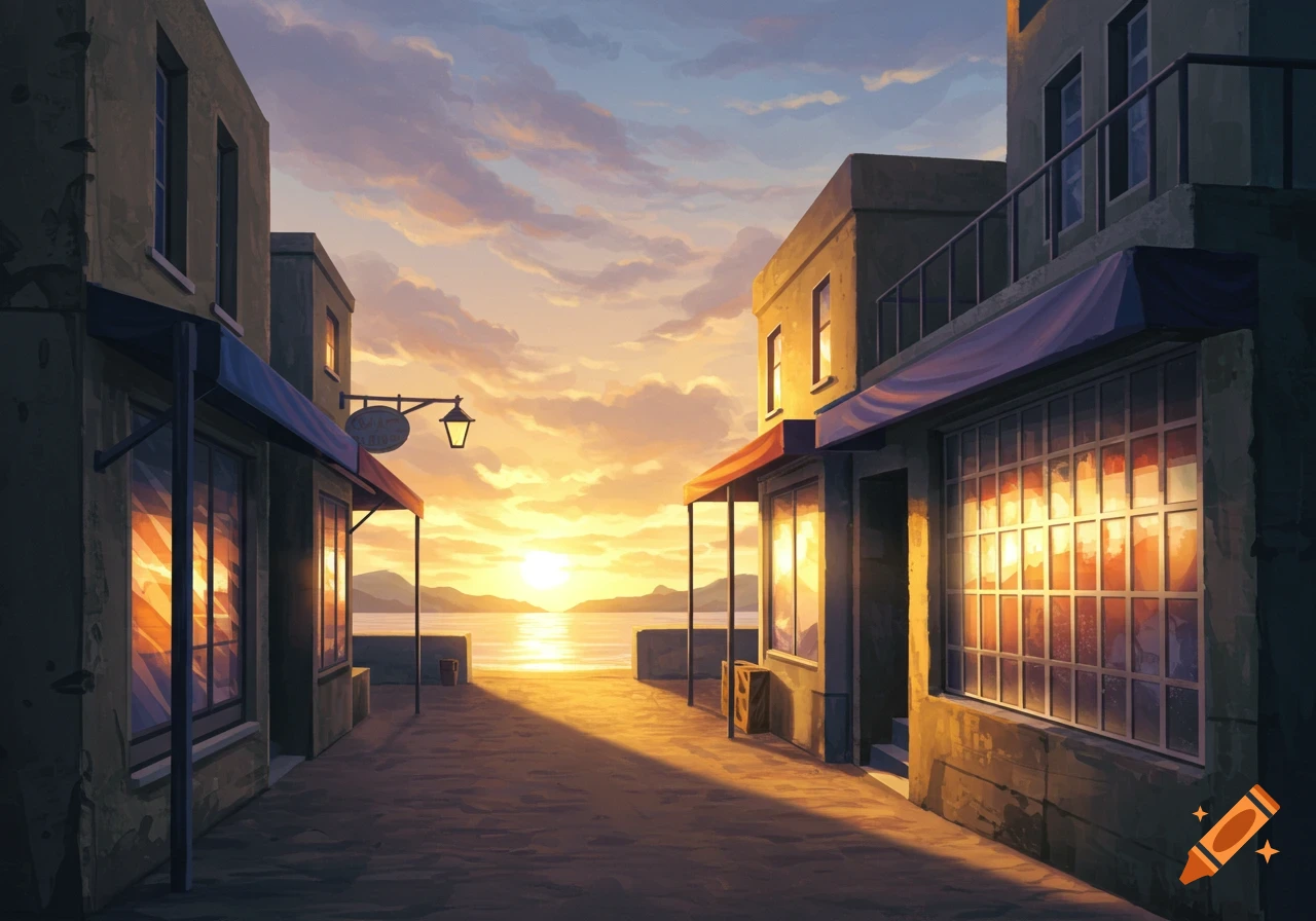Anime-style street with buildings reflecting a golden sunset over a harbor, dramatic shadows.