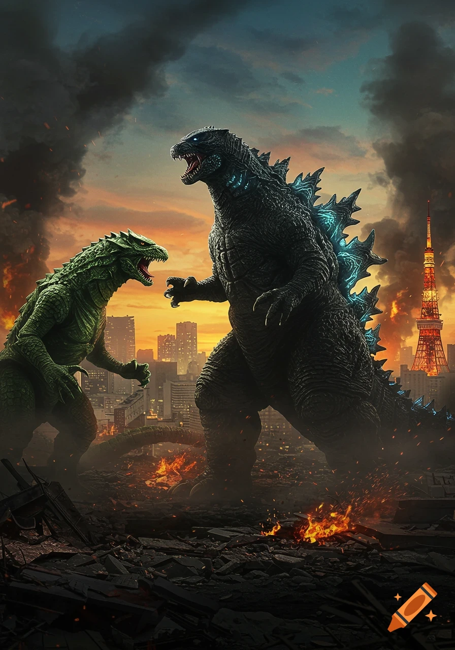 Two giant monsters, one green and one dark with blue spines, roar at each other in a burning, destroyed city with Tokyo Tower in the background.
