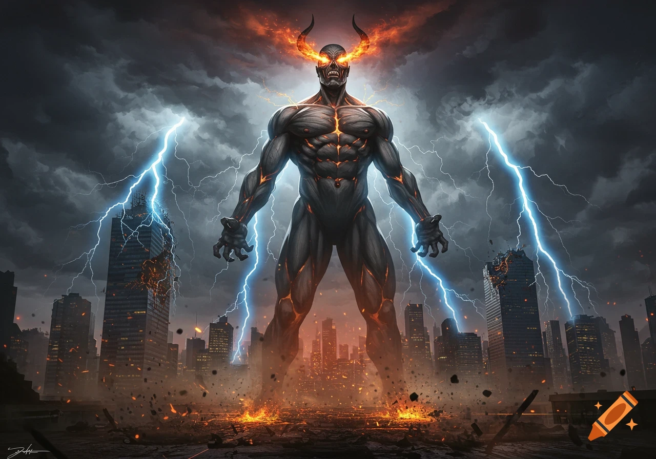 A giant, muscular demon with fiery horns and glowing eyes stands in a ruined city under a stormy sky with lightning.