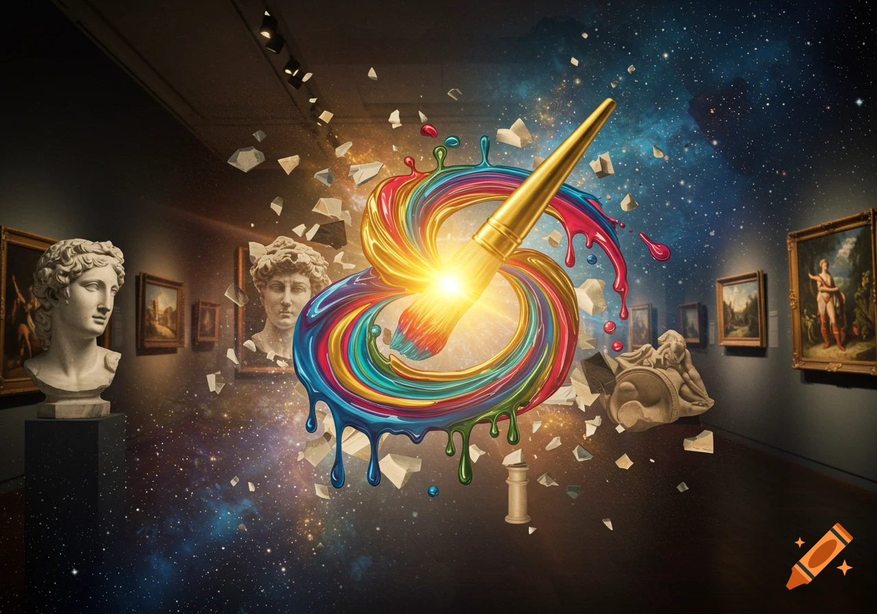 A vibrant, colorful paintbrush forms an infinity symbol, dripping paint, illuminating classical busts and framed paintings in a cosmic art gallery.