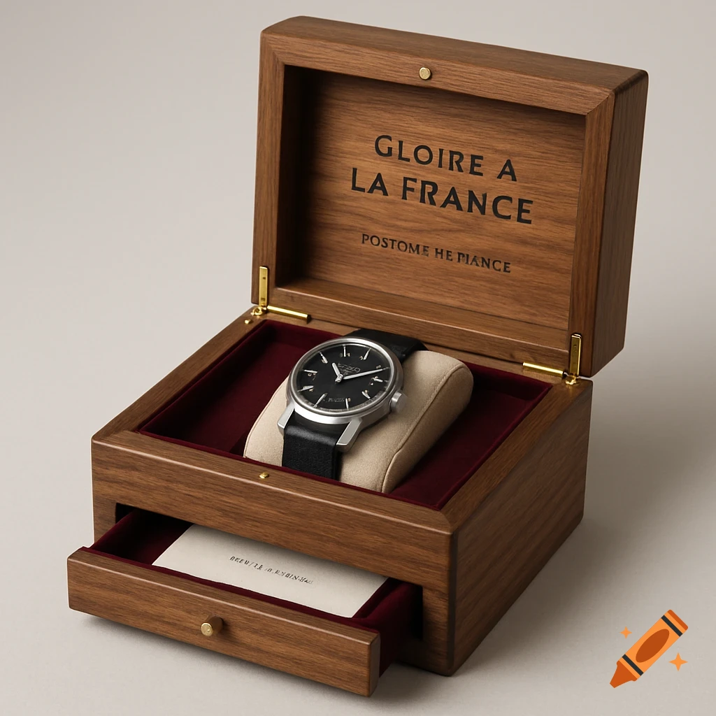 A silver watch with a black strap resting on a beige cushion inside an open wooden box with a red velvet interior. Text is engraved on the inside of the lid.