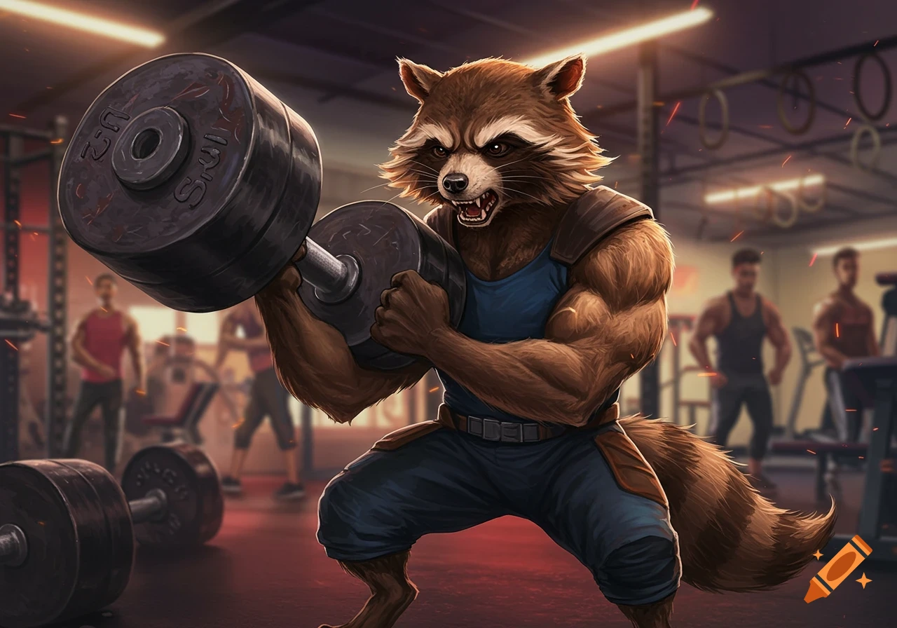 A muscular, anthropomorphic raccoon in a blue tank top and pants curls a heavy dumbbell in a gym with blurred figures in the background.