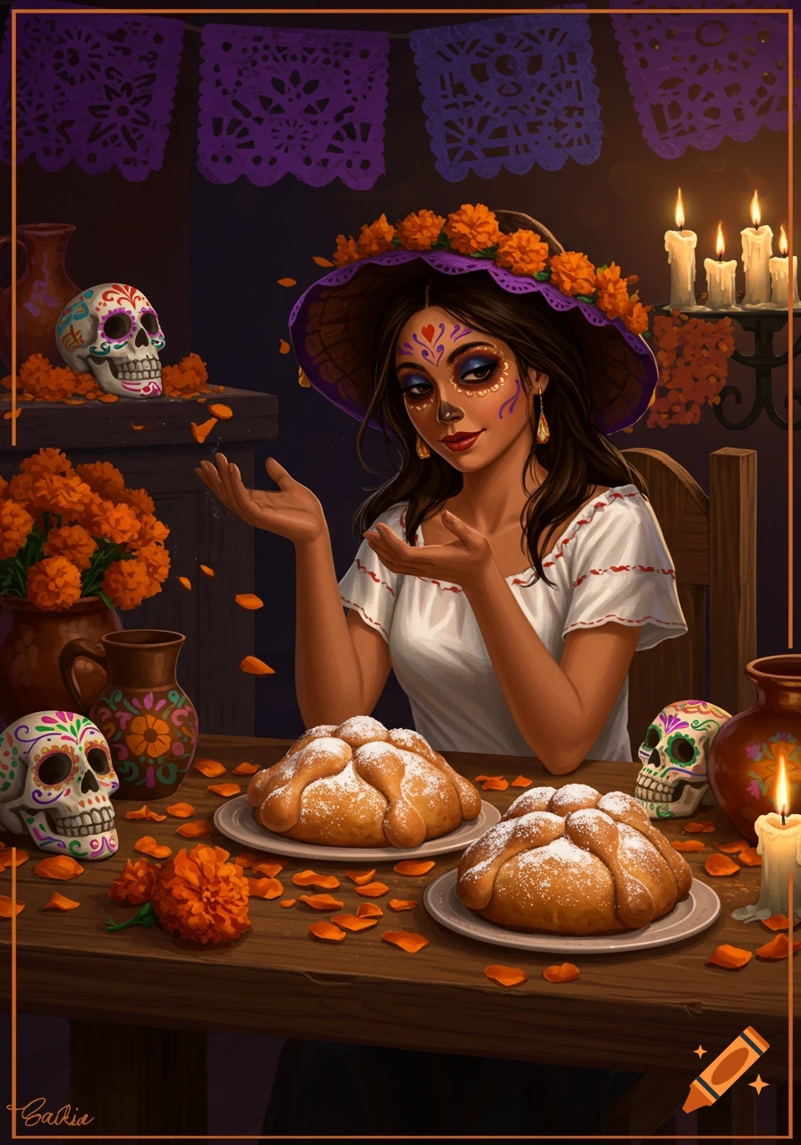A woman with sugar skull makeup and a floral hat sits at a Dia de Muertos table with pan de muerto, marigolds, and sugar skulls, digital art.