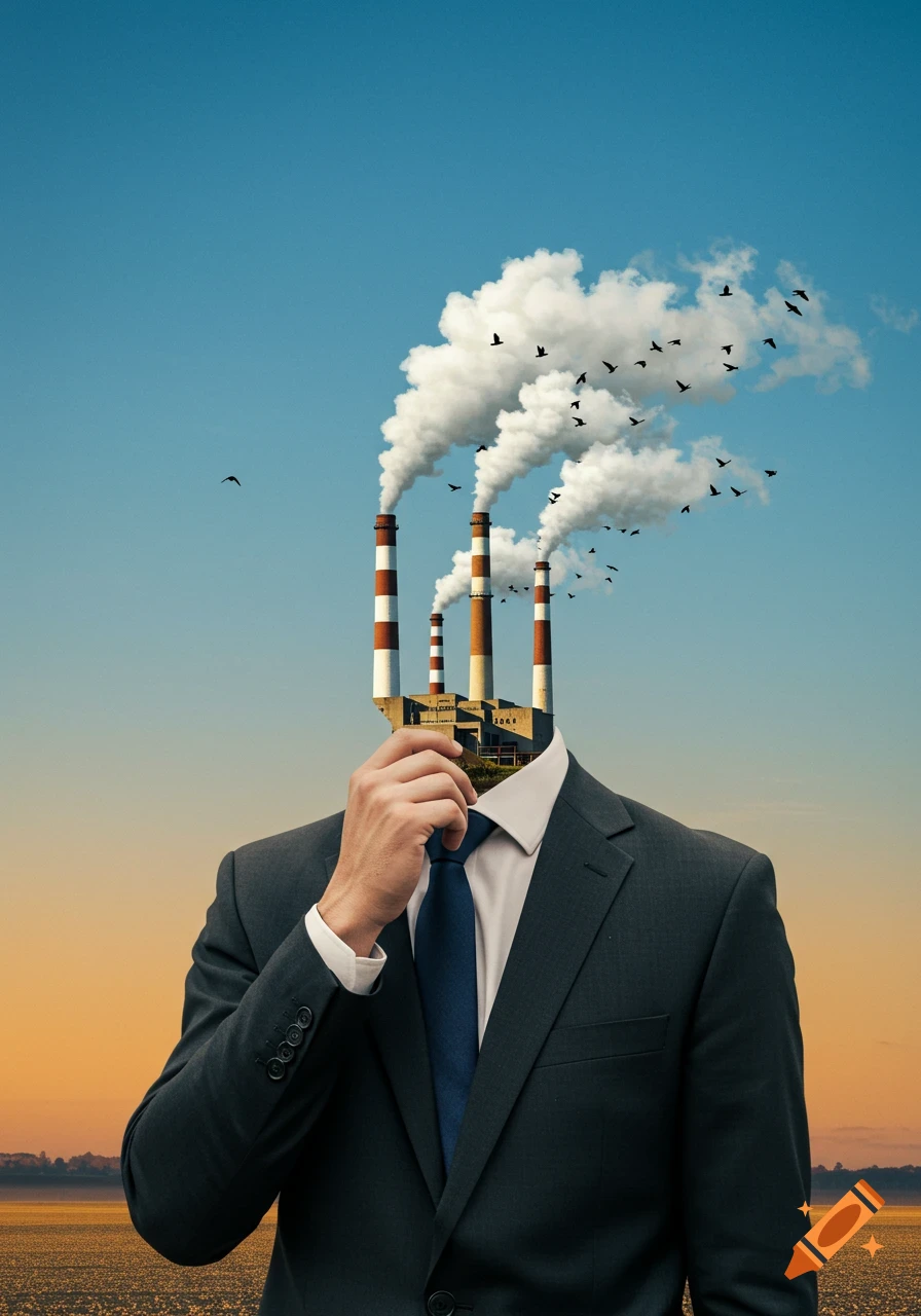 A surreal image of a man in a suit with a factory for a head, its chimneys emitting smoke and birds into a blue sky.