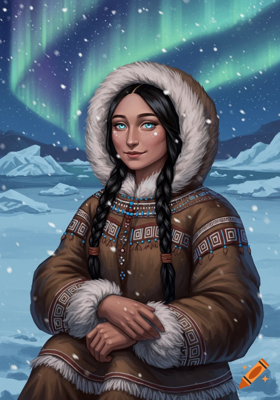 Illustrated portrait of an Indigenous woman in traditional fur-lined clothing with braids, in a snowy Arctic landscape under the Northern Lights.