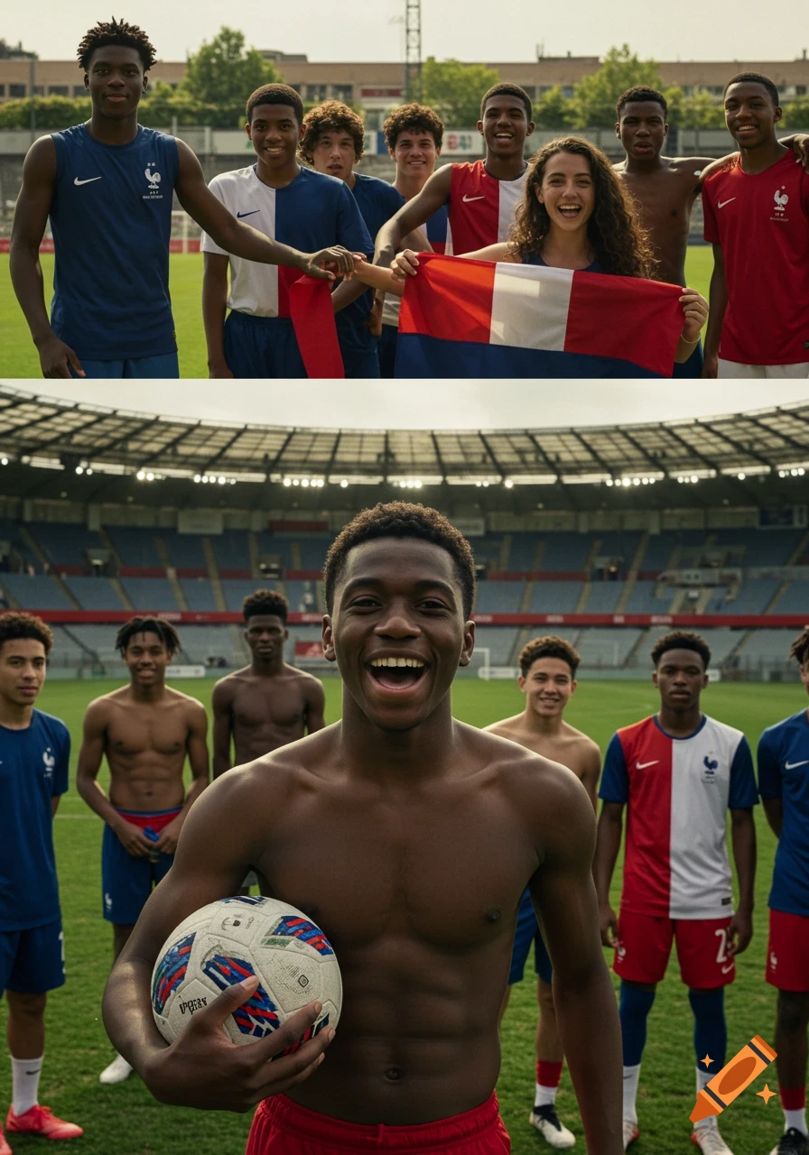 Group of young French athletes on a football field, some in jerseys, a girl holding a French flag, a shirtless boy holding a soccer ball.