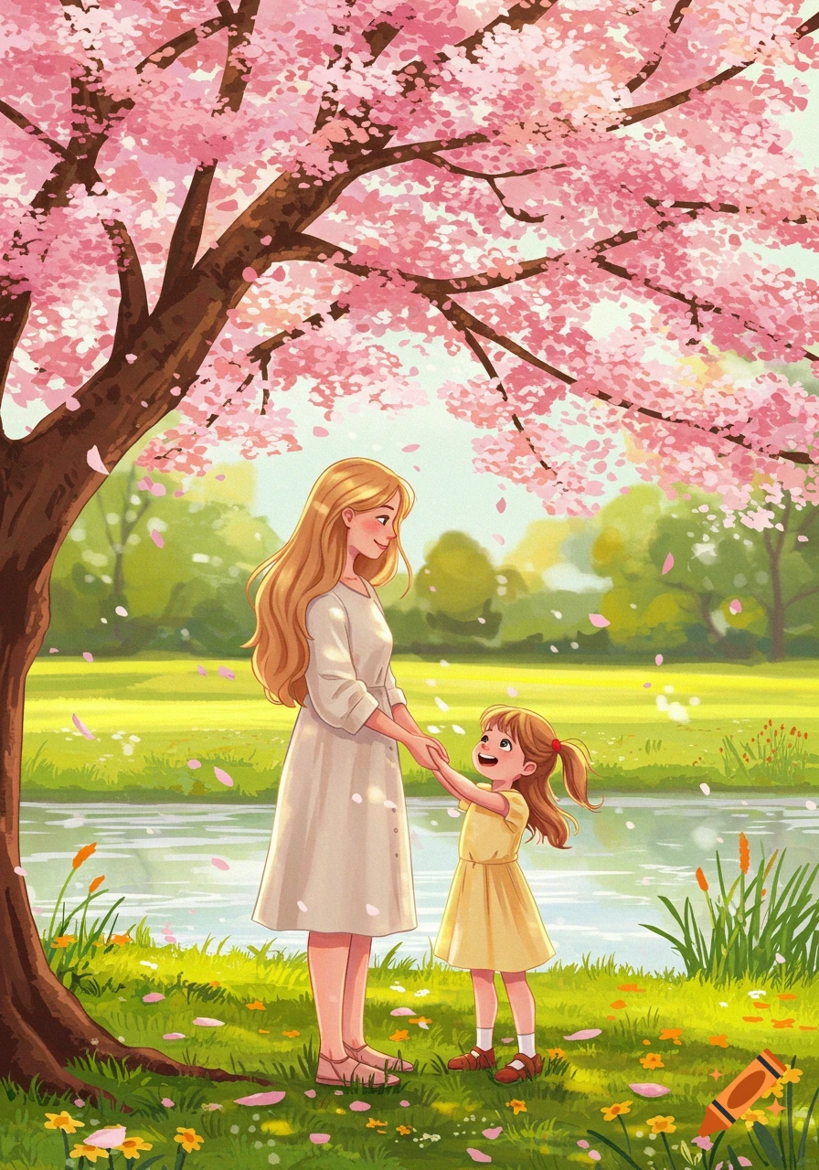 Illustrated mother and daughter holding hands under a pink cherry blossom tree, next to a river in a field.
