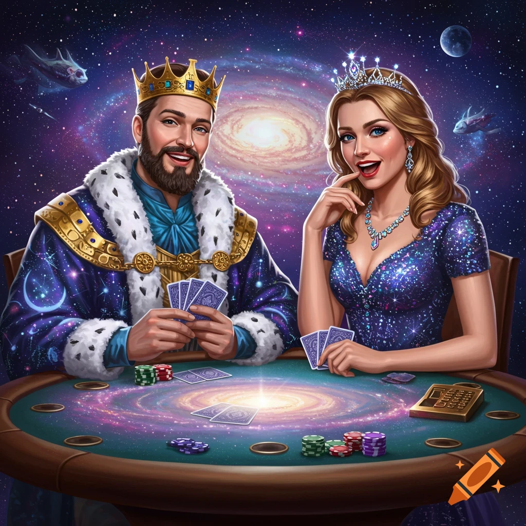A regal king and queen play poker on a cosmic table, against a vibrant galaxy background with planets and spaceships.