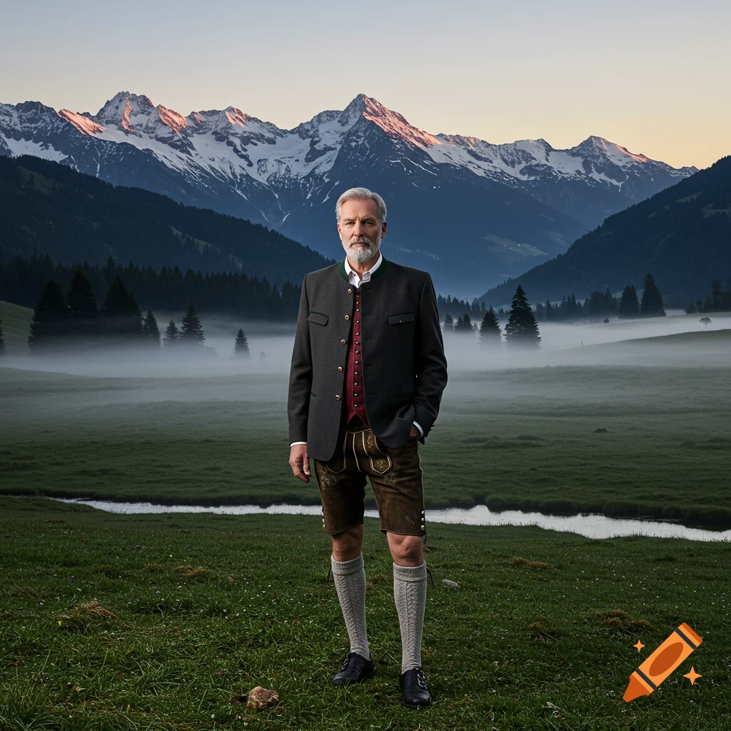 A man in traditional Austrian attire (Tracht) stands in a misty mountain valley with snow-capped peaks at dawn.