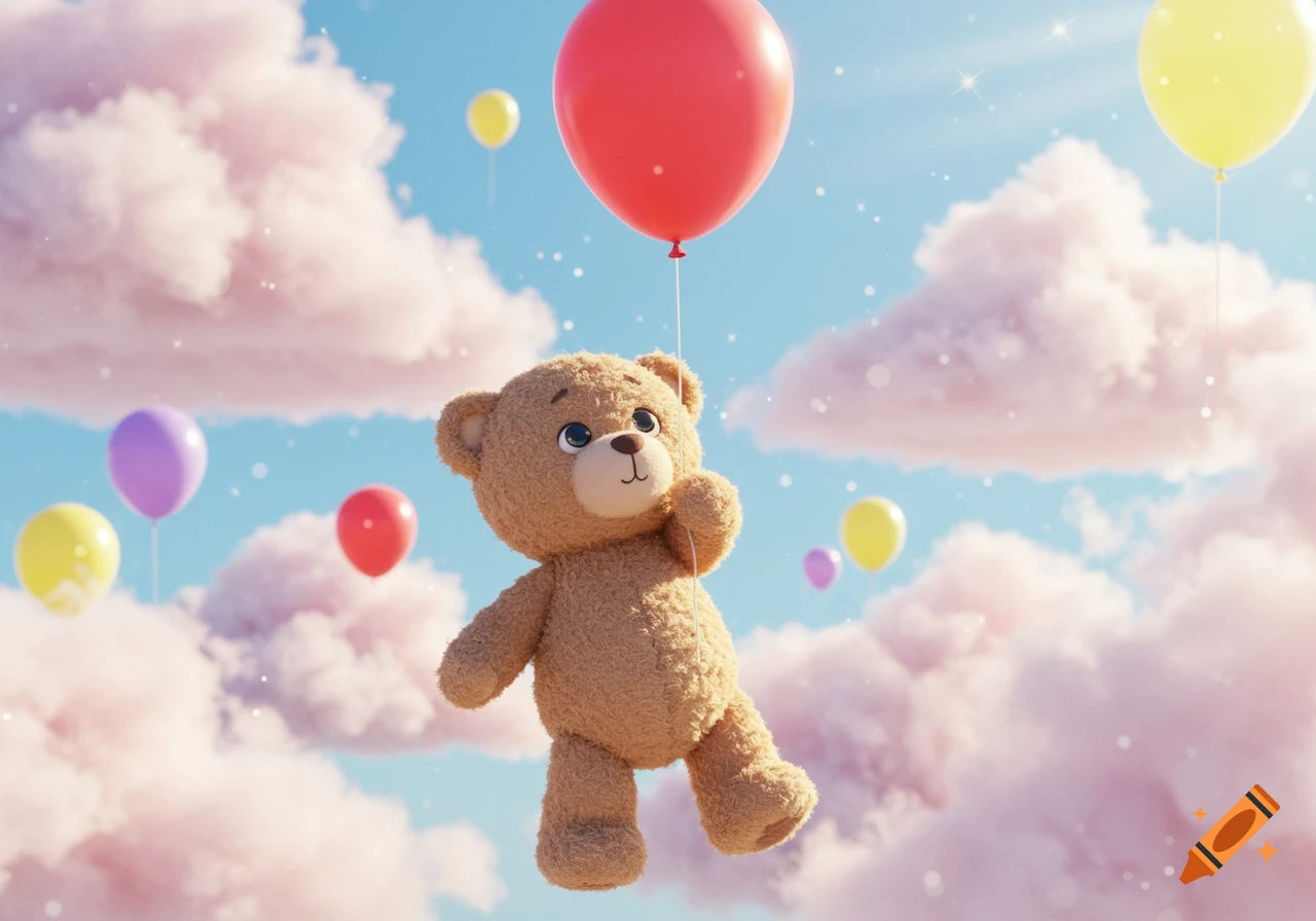 A cute brown teddy bear floats through a blue sky with pink clouds, holding a red balloon, surrounded by other colorful balloons.