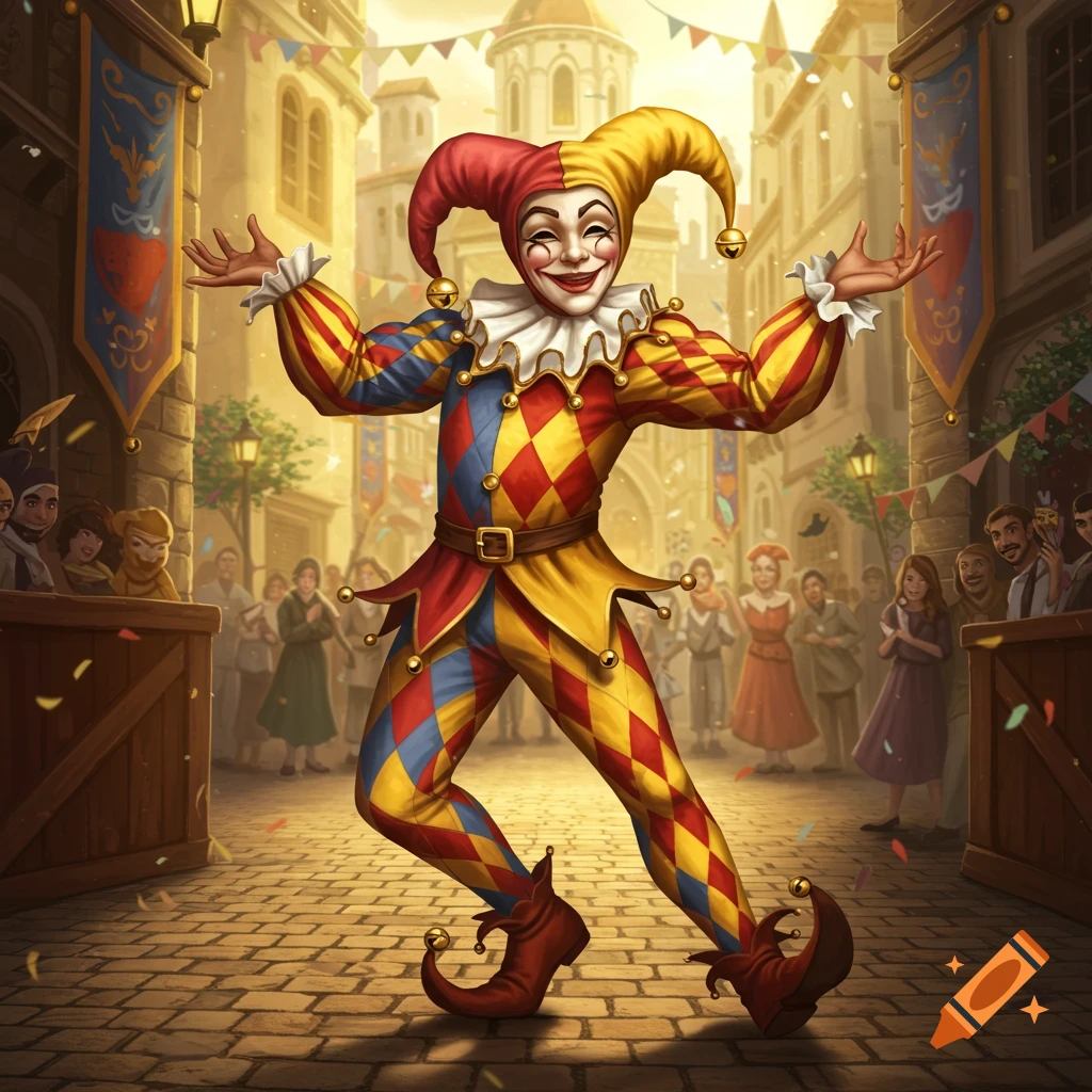 A colorful jester in a harlequin costume, wearing a bell-tipped hat, stands on a festive cobblestone street with a crowd.