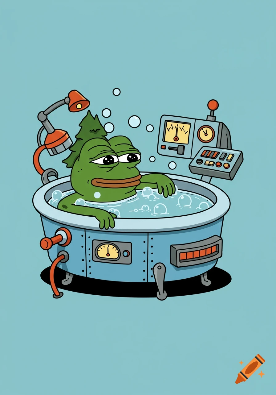 Cartoon of Pepe the frog with a pine tree on his head, relaxing in a futuristic bubble bath time machine.