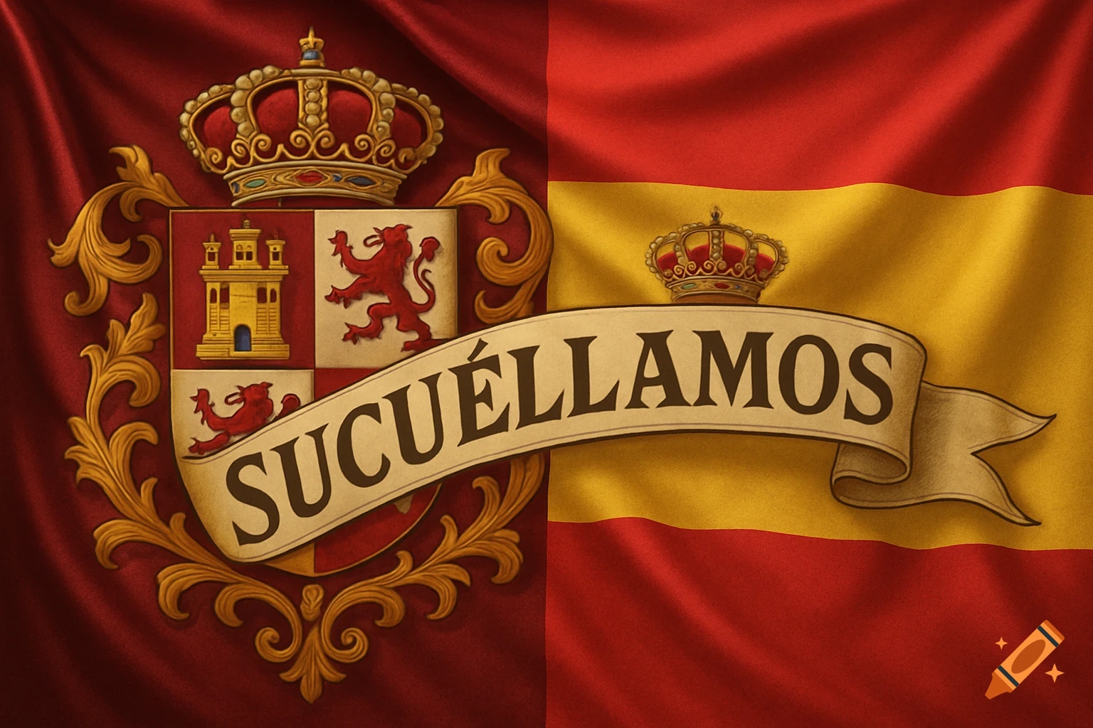 A flag blending Spanish Empire and modern Spain, featuring a crest, crowns, and the text 'SUCUÉLLAMOS' on a banner.
