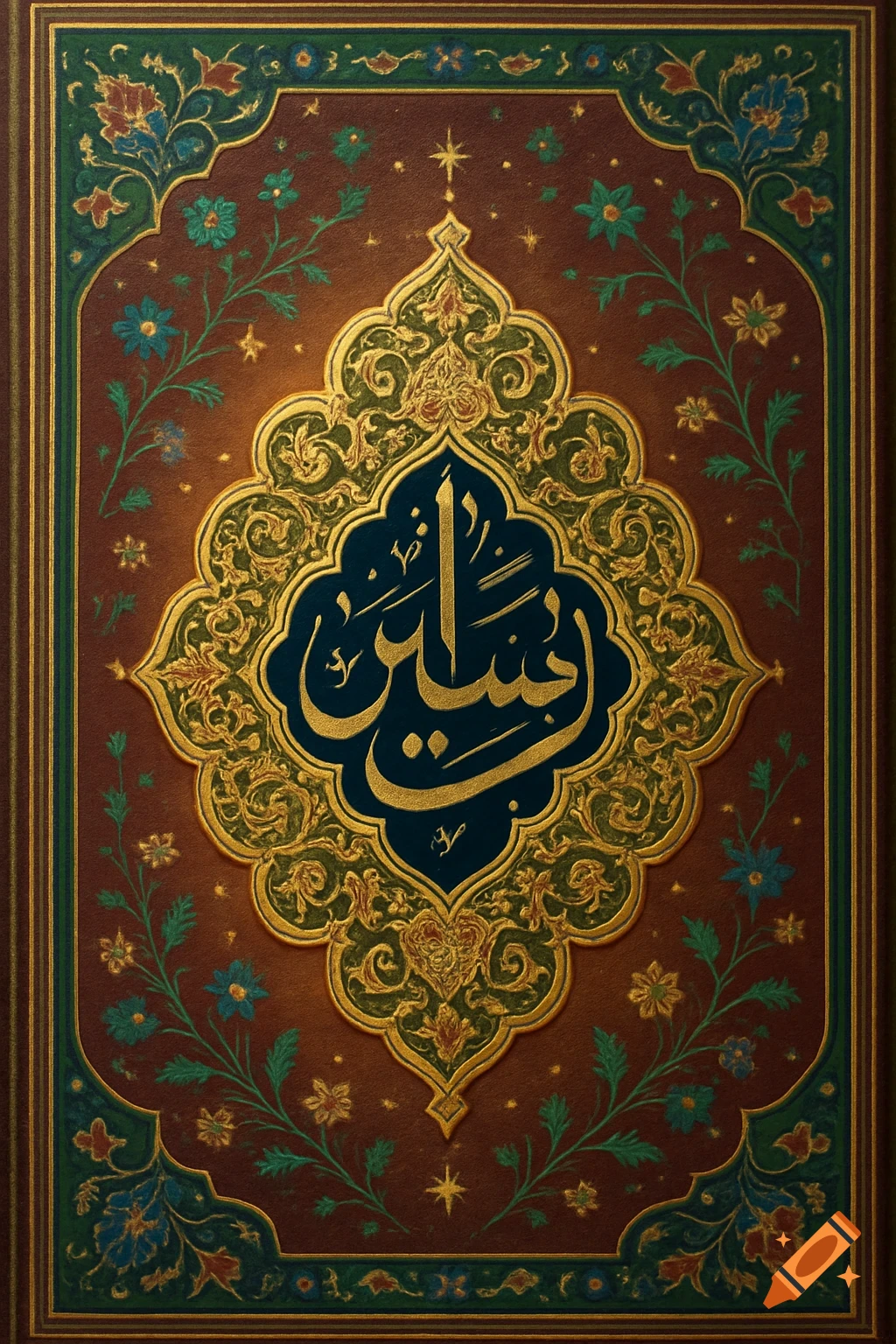 Highly ornate Persian-Islamic book cover with central golden Arabic calligraphy surrounded by intricate floral patterns and borders.