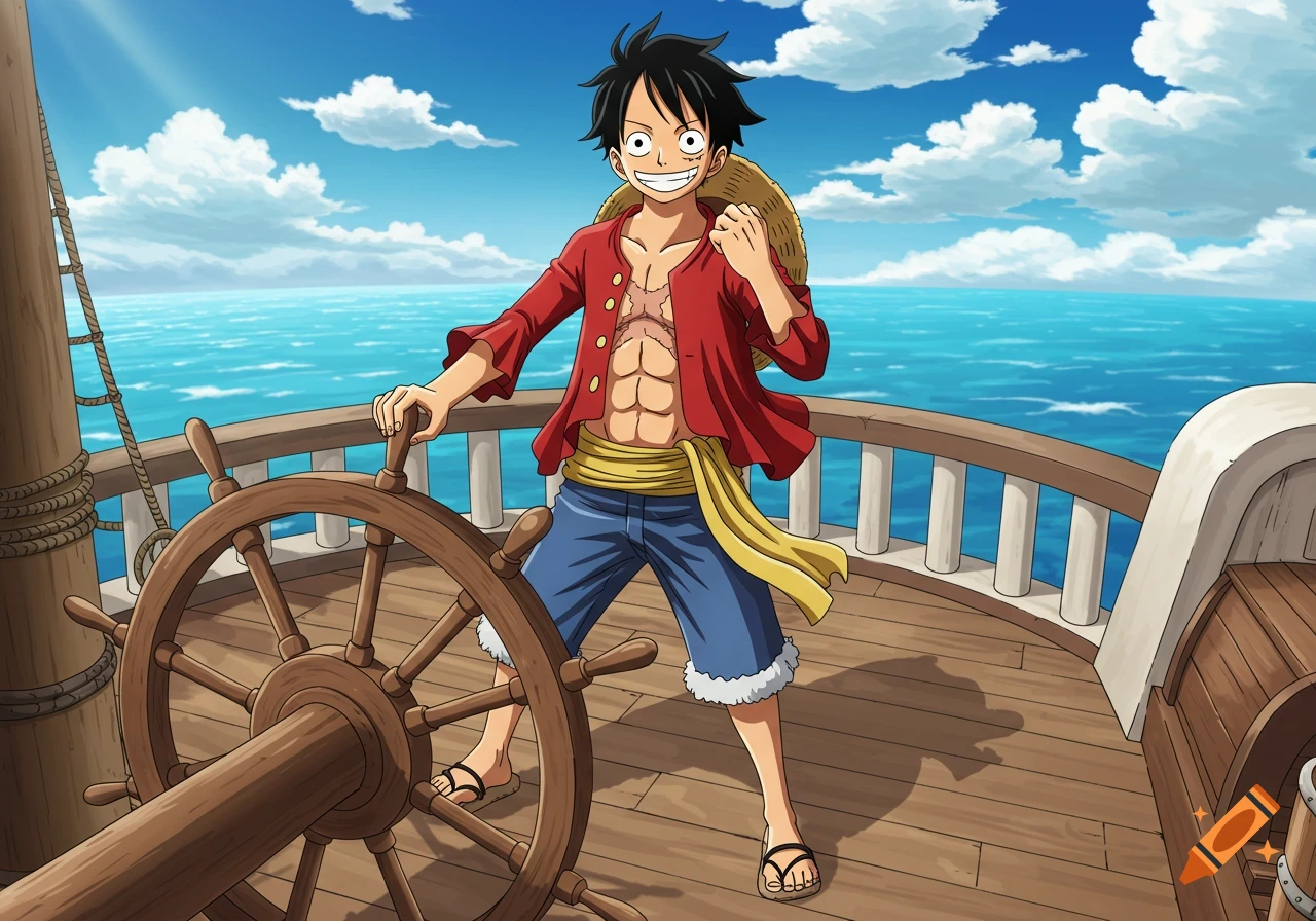 Anime character Luffy steering a wooden ship on a bright, cloudy day at sea.