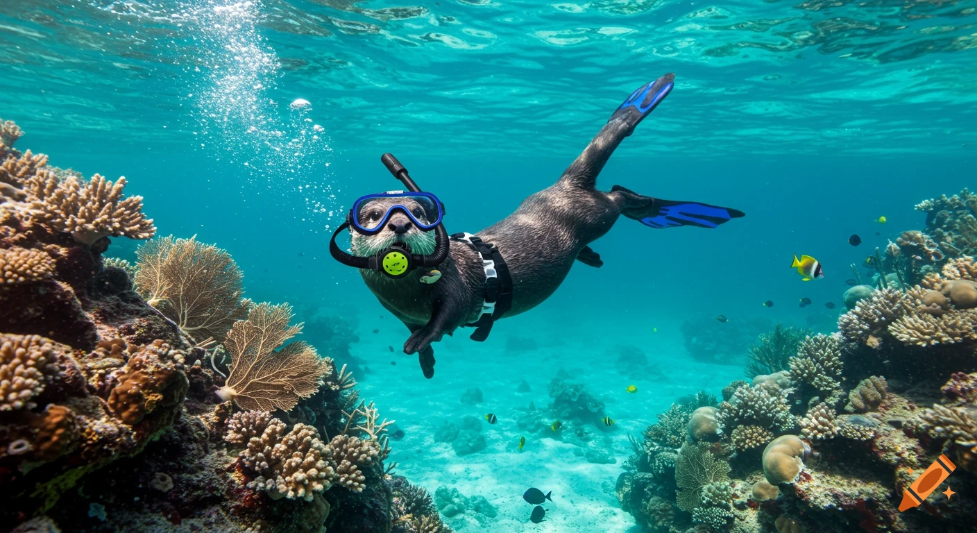 A photorealistic otter in scuba gear swims through a vibrant coral reef in clear blue tropical waters.