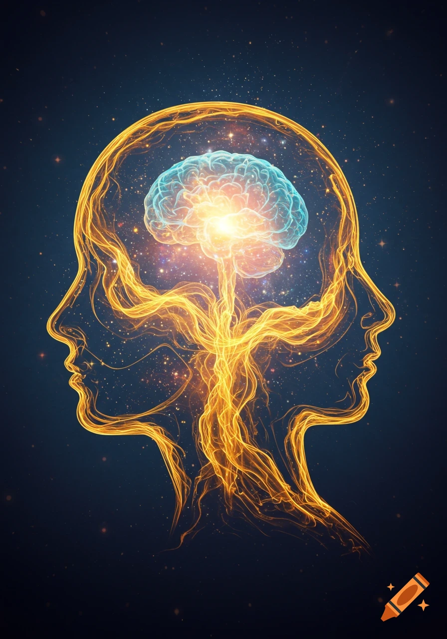 Abstract illustration of two human head profiles framing a glowing brain with intricate golden neural pathways on a dark, starry background.