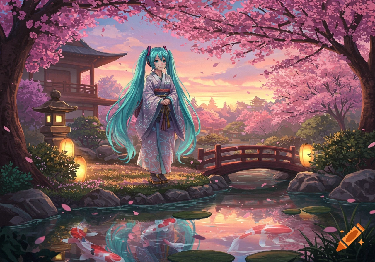 An anime girl resembling Hatsune Miku in a kimono stands in a vibrant Japanese garden with cherry blossoms, a pond, koi fish, and a bridge at sunset.
