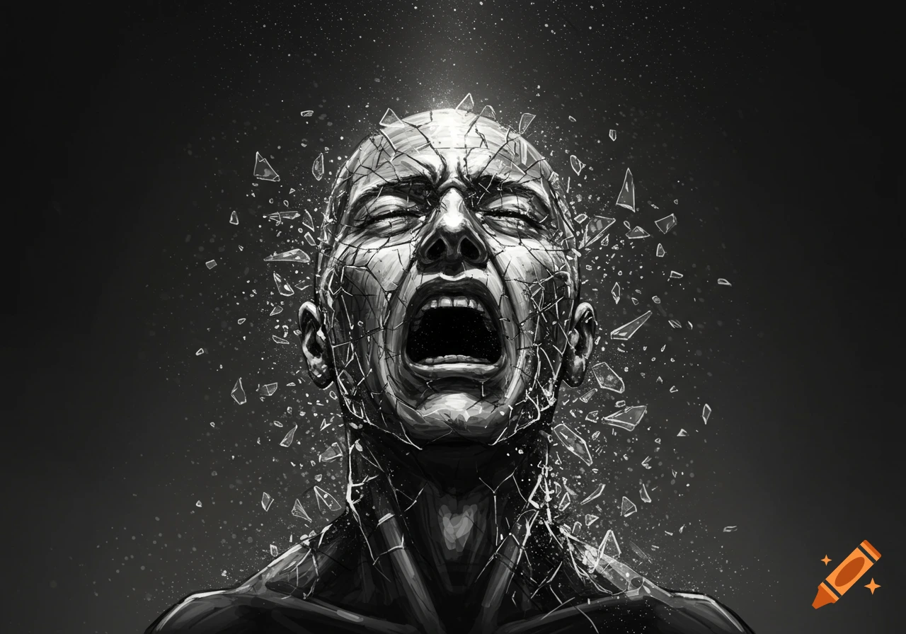 Monochromatic illustration of a bald man screaming upwards as his face shatters into glass pieces against a dark background.