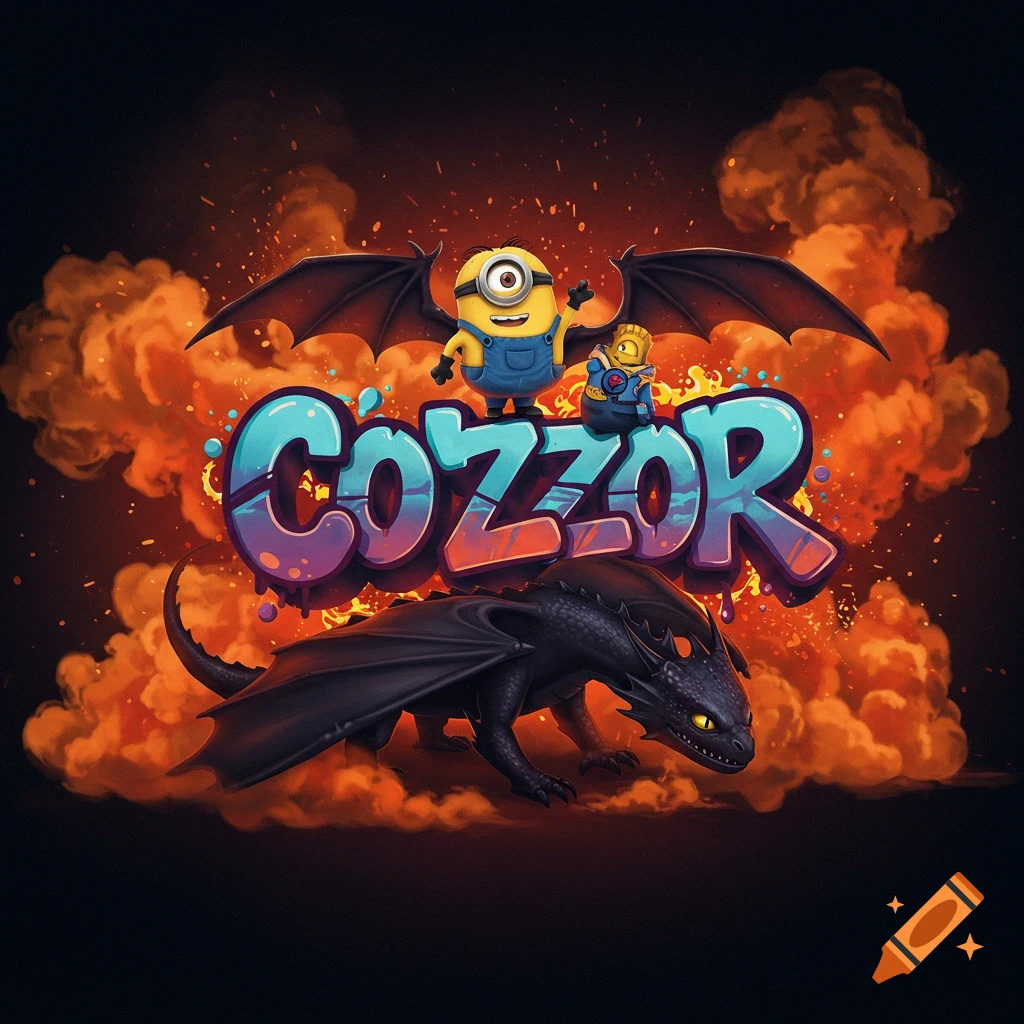Graffiti logo 'COZZOR' in blue and purple, with a winged Minion and a black dragon amidst orange smoke.